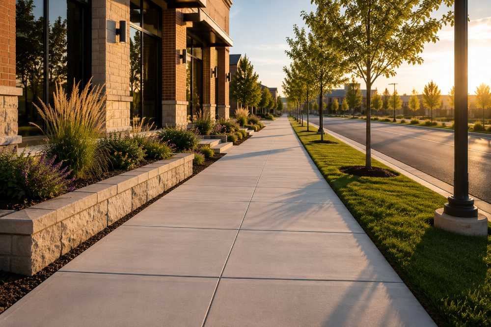 Long, level concrete sidewalk lined with landscaping and trees at sunset