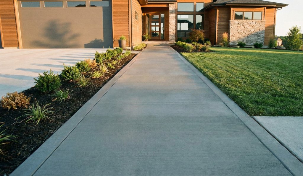Smooth broom-finished concrete sidewalk with clean edges leading to a home's front entry