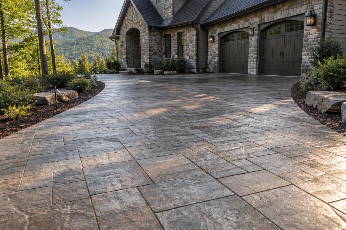 Sealed stamped slate-pattern concrete driveway leading to a stone home in the North Carolina mountains