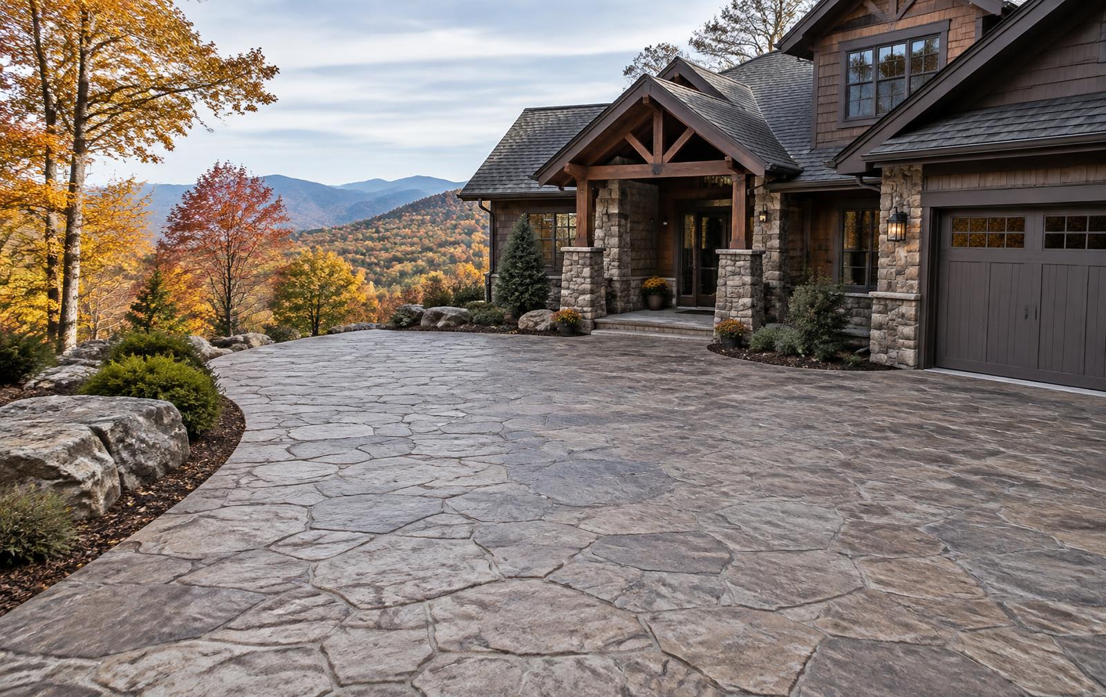 Stamped decorative concrete driveway with a stone pattern at an Asheville, NC home
