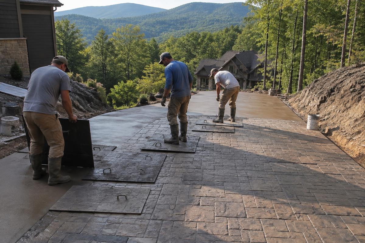 Concrete crew pressing stamping mats into a fresh driveway pour on a sloped Western North Carolina lot