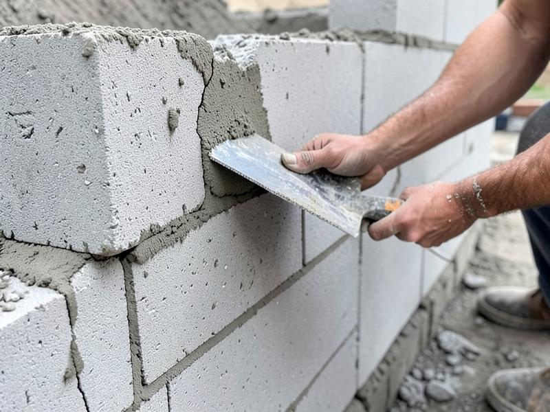 Mason building a concrete block wall at a property in Asheville, NC