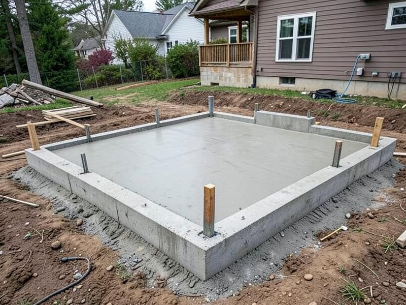 Concrete foundation walls with rebar reinforcement on a hillside build near Asheville, NC