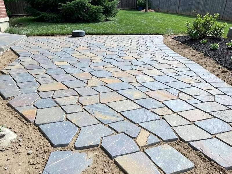 Paver patio and stone walkway installed at a mountain home near Asheville, NC
