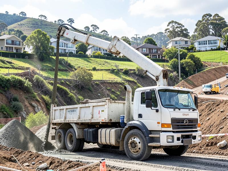 Concrete pump truck placing concrete at a hillside job site near Asheville, NC