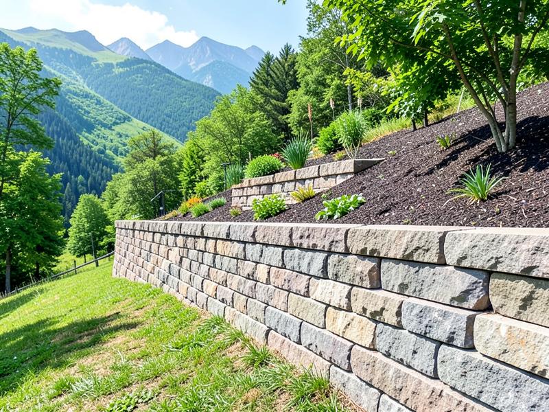Block retaining wall terracing a sloped yard near Asheville, NC